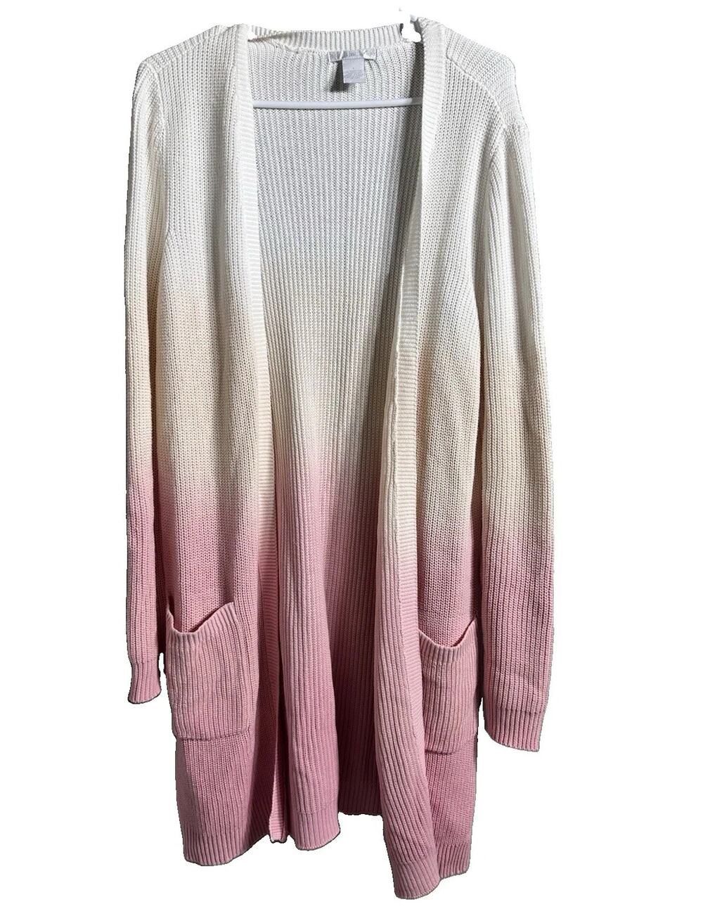 Design History Pink & Ivory Ombre Knit Open Front Cardigan Sweater Pockets L